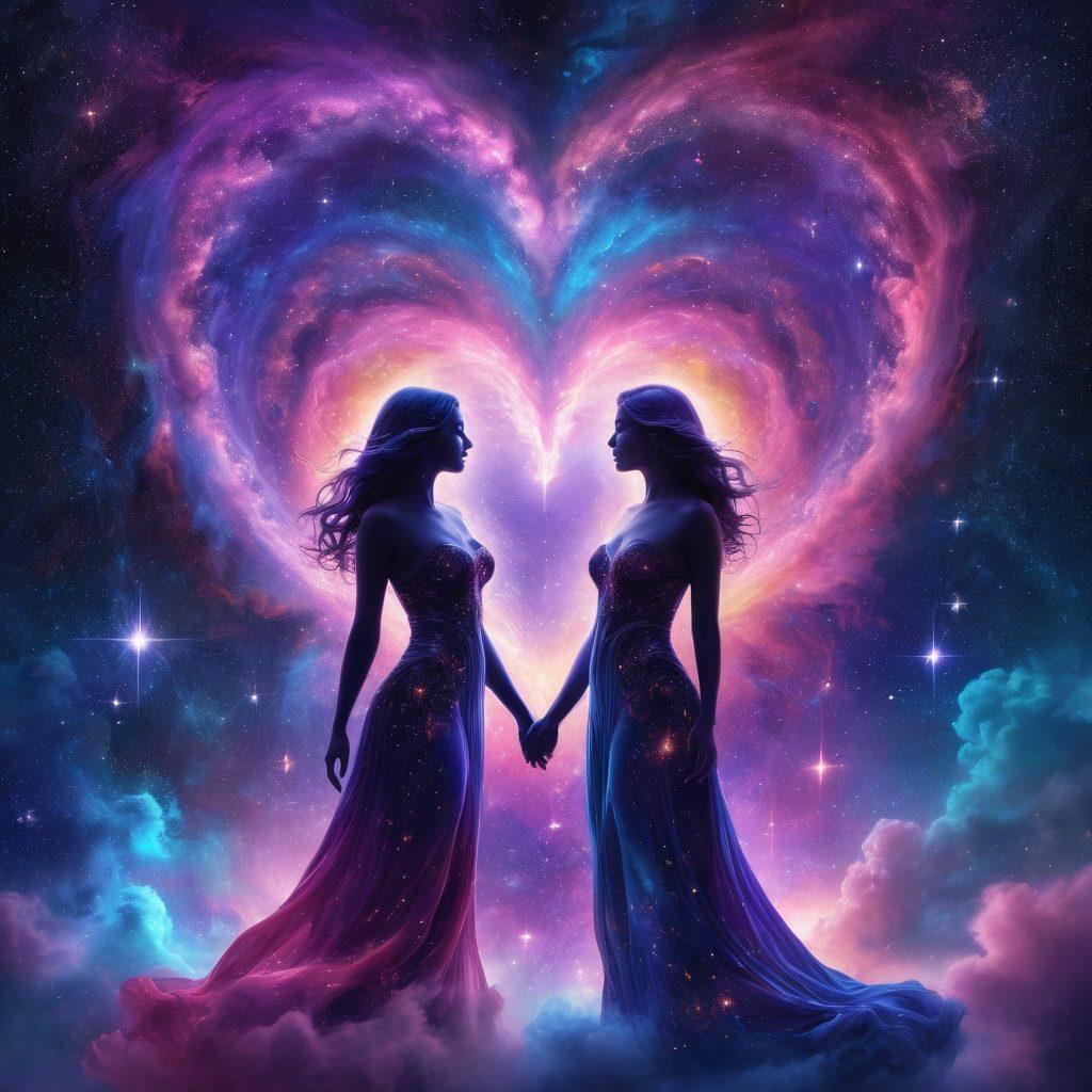 A surreal galaxy filled with swirling, colorful nebulae representing unconditional love, with two ethereal figures connecting their hearts through luminous threads of light, surrounded by twinkling stars and cosmic elements. The background transitions from deep blues to vibrant purples and pinks, symbolizing intimacy and connection beyond the physical realm. super-realistic. vibrant colors. cosmic theme.