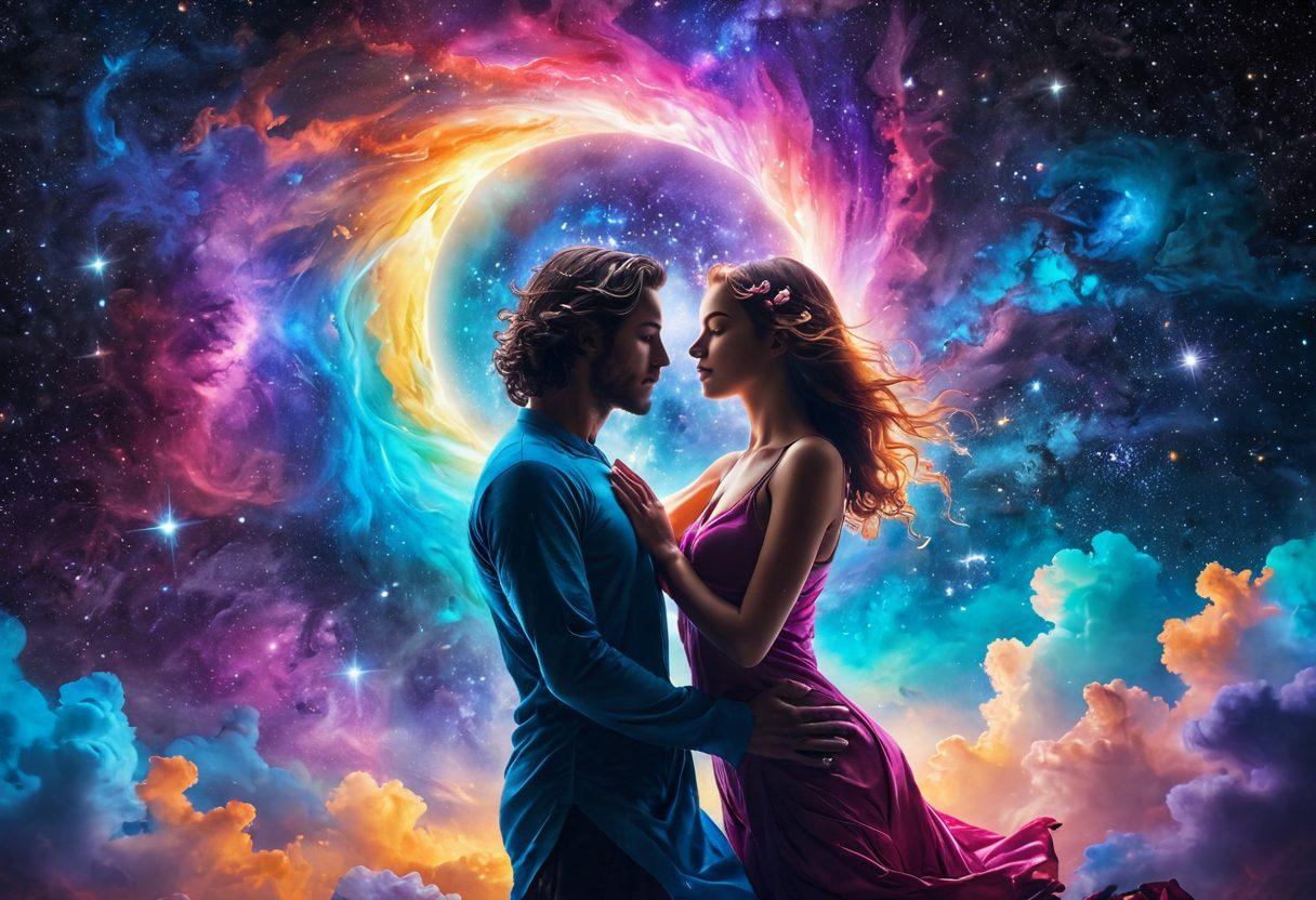 A cosmic scene showing two intertwined figures amidst a swirling galaxy, glowing stars and vibrant colors representing deep emotional connections. The figures exude a soft light, symbolizing the transformation from soulmates to a spiritual bond, with ethereal elements like hearts and lotus flowers floating around. A serene, dreamy atmosphere enhances the romantic essence of the image. vibrant colors. cosmic style. surreal.