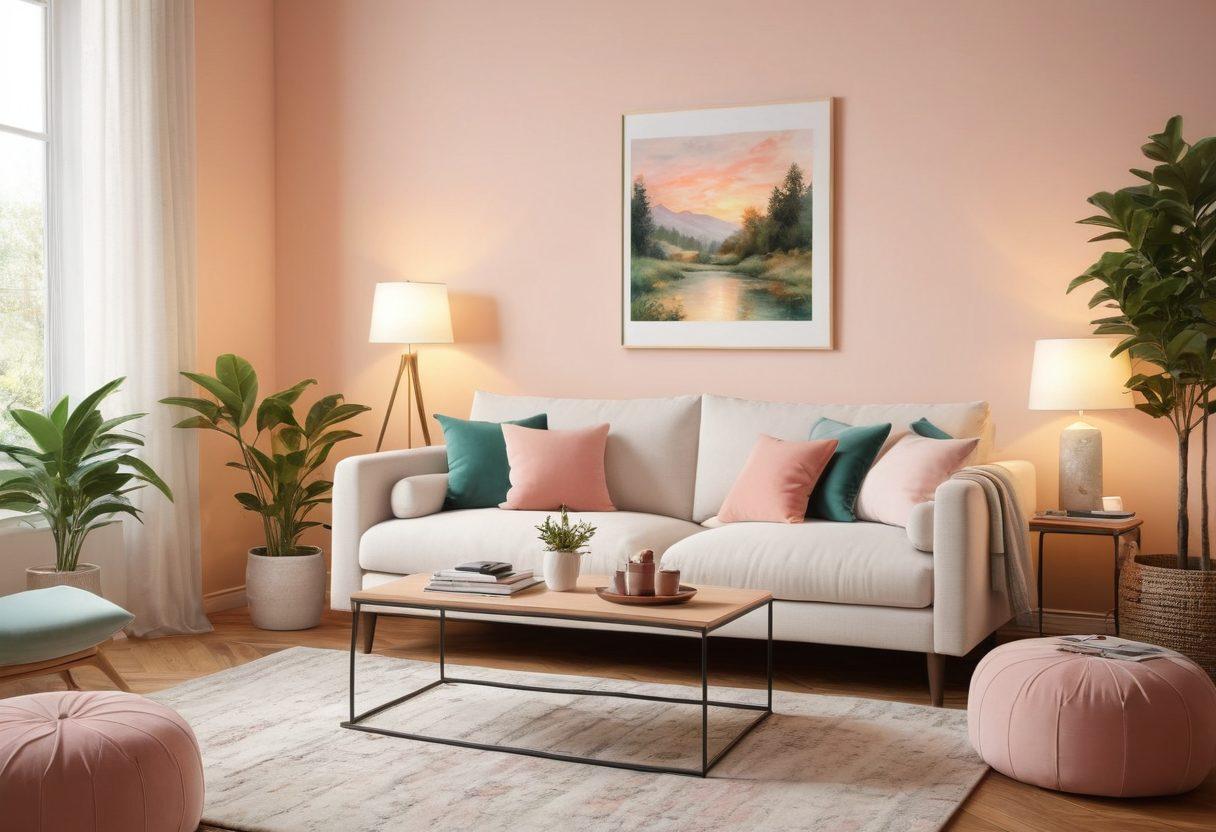 Create a serene and cozy living room setting with a couple sitting close together on a comfortable couch, sharing a heartfelt conversation. Include soft, warm lighting creating an intimate atmosphere, with personal touches like framed photos and plants around them. Depict subtle emotions of love and connection, emphasizing their deep eye contact and gentle smiles. Soft pastel color palette. super-realistic. vibrant colors.